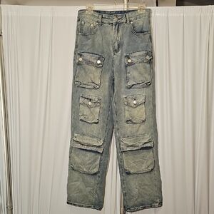 Kenvibe Womens High Rise Wide Leg Vintage Wash Blue Denum Cargo Jean M